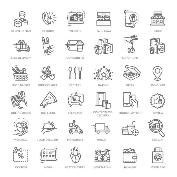 Food delivery service icons set. Outline set of food delivery service vector icons Food delivery - thin line web icon set. Outline icons collection serving food and drinks stock illustrations