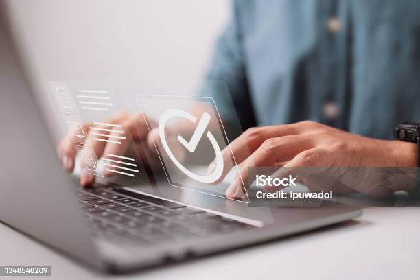 Certification For Quality Control Which Ensures That The Company Product Meets Its Standards On The Virtual Screen There Is A Concept Stock Photo - Download Image Now