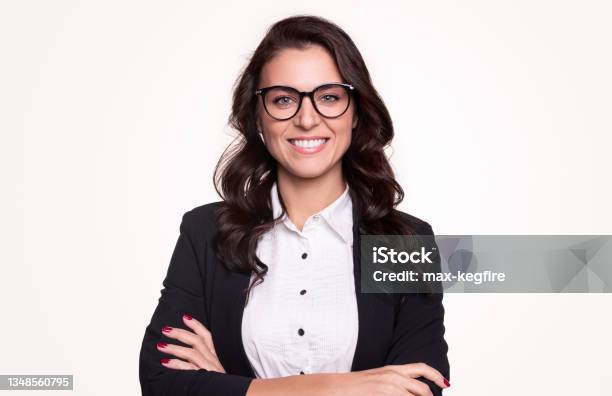 Confident Business Lady In Eyeglasses Smiling At Camera Stock Photo - Download Image Now