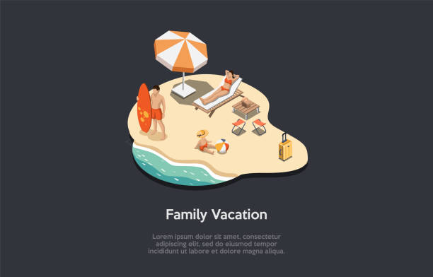 illustrations, cliparts, dessins animés et icônes de illustration dans le style cartoon 3d, composition isométrique avec des objets et des personnages. vacances en famille. infographies. parents et petit enfant. détente en bord de mer, océan et sable. activités du week-end - summer exploration idyllic heaven