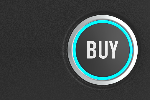 push button with text buy on dark background. 3D illustration