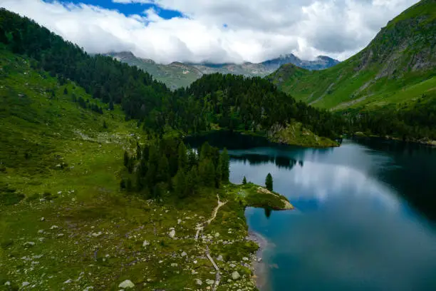 Panorama of the mountains and a lake. Photo taken with a drone.