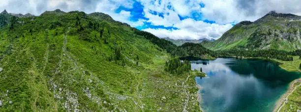 Panorama of the mountains and a lake. Photo taken with a drone.