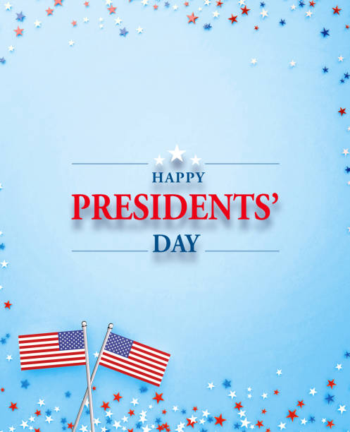 istock Happy Presidents' Day Message Surrounded By Star Shaped Confetti And Tiny American Flag Pair On Blue Background 1348567771