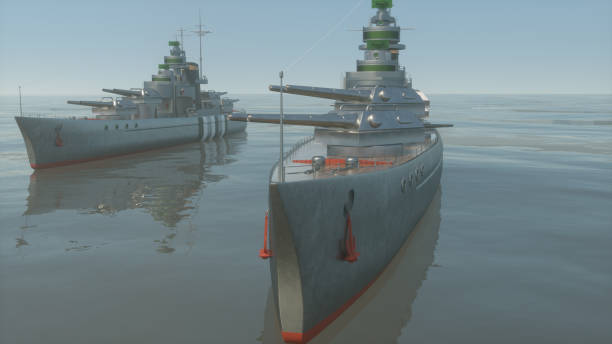 istock 3d illustration of a battleship squadron in the open ocean 1348567867
