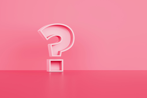 Pink question mark sitting on before pink background. Horizontal composition with copy space.