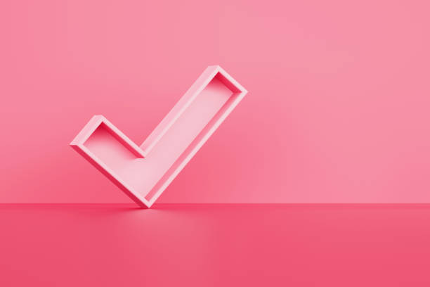 Pink check mark symbol sitting on before pink background. Horizontal composition with copy space.