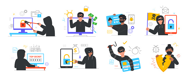 Hacker activity concept. Collection of characters stealing personal information, money, online passwords and bank cards. People cyber criminals. Cartoon flat vector set isolated on white background