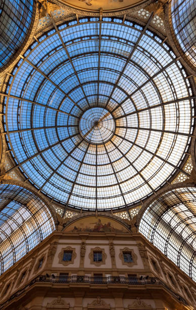 architecture in milan fashion gallery, italy. dome roof architectural detail. - dome milan italy architectural feature italy imagens e fotografias de stock