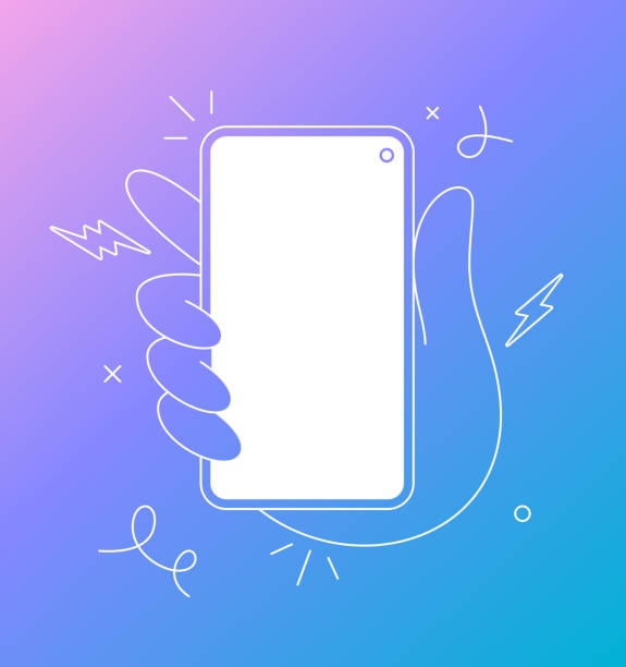 Mobile phone being held in the hand of a person modern line drawing design.