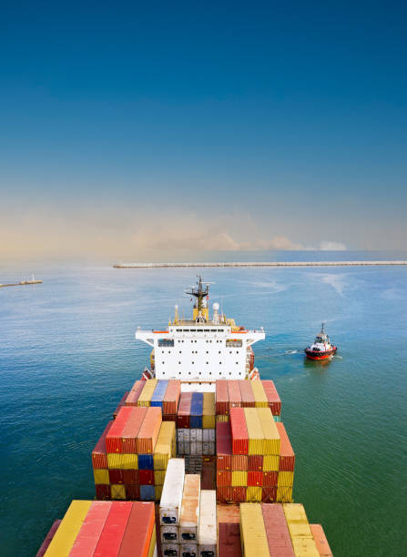 Aerial view of Container Ship Vessel Cargo Carrier in transit.