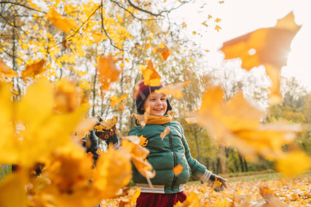 Little boy enjoying sunny autumn days in a park stock photo