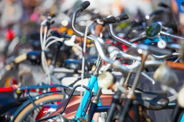 Photo of Bicycles parking. Artistic background. Selective focus on the foreground and beautiful bokeh background.