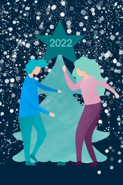 Vector illustration of Excited people dancing in front of the Christmas tree, celebrating the December holidays