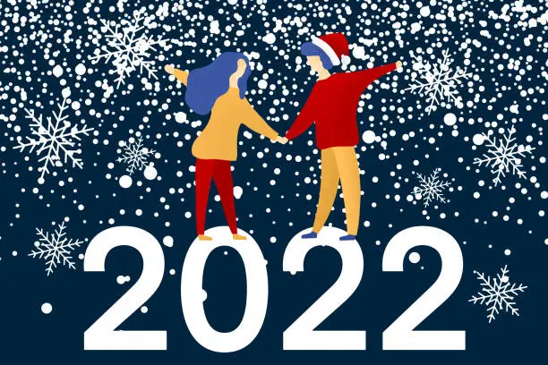 Vector illustration of Excited couple holding hands, celebrating 2022 New Year