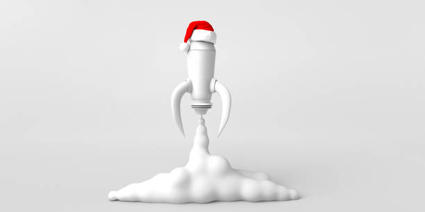 サンタクロースの帽子で離陸ロケット。クリスマス。スペースをコピーします。3d イラストレーション。 - rocket taking off spaceship space ストックフォトと画像