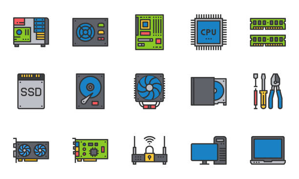 Computer Hardware Icons Line Color, motherboard, cpu chip, case computer, Computer Hardware Icons Line Color, motherboard, cpu chip, case computer, installing laptop ram stock illustrations