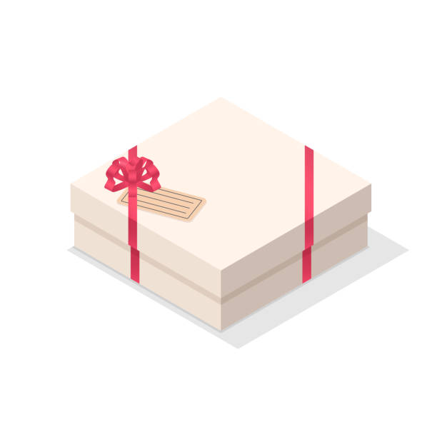 正方形の形状のアイソメギフト ボックス。赤いリボンの弓とタググリーティングカードを持つリアルな3d白いプレゼントボックス。クローズドサプライズボックス。休日の誕生日パッケージ� - bow ribbon gift tag gift card点のイラスト素材／クリップアート素材／マンガ素材／アイコン素材