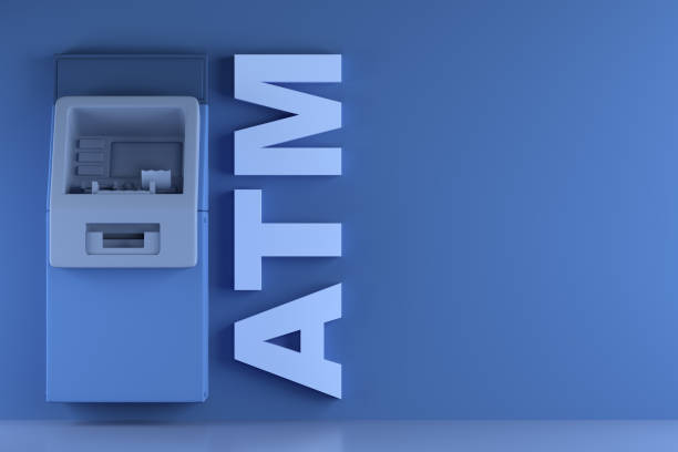ATM Machine Against Blue Wall with Copy Space. 3D Illustration stock photo