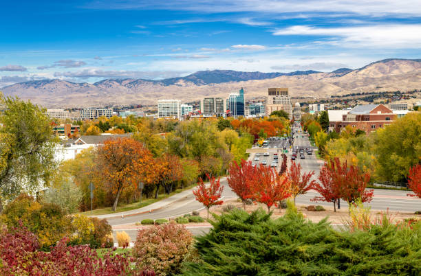 istock Popular Boise City view with fall colors in the trees 1348595548