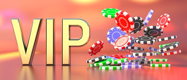 VIP casino poker concept. Poker chips falling and golden text VIP on table. Gambling gold club member concept, banner. 3d illustration