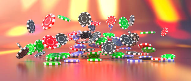 Poker chips falling on casino table. Gambling, betting and games of chance. 3d illustration stock photo