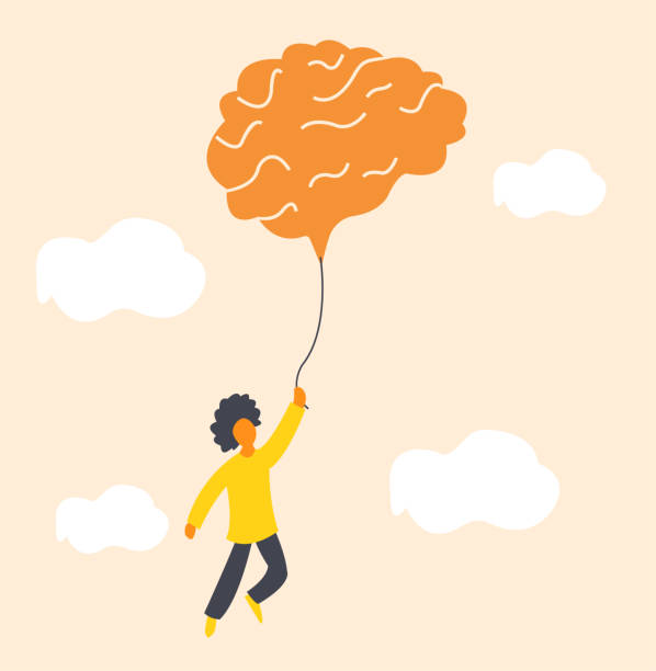 Mental health issue Mental health issue illustration, a boy flying in the sky with big brain shape balloon that symbolizes importance of relaxation and meditation mindfulness kids stock illustrations