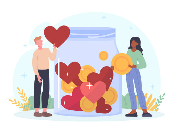 Concept of volunteering Concept of volunteering. Man buys sweets by donating money to charities. Support, helping, coin, dollar. People fill jar with love. Cartoon flat vector illustration isolated on white background charity benefit stock illustrations