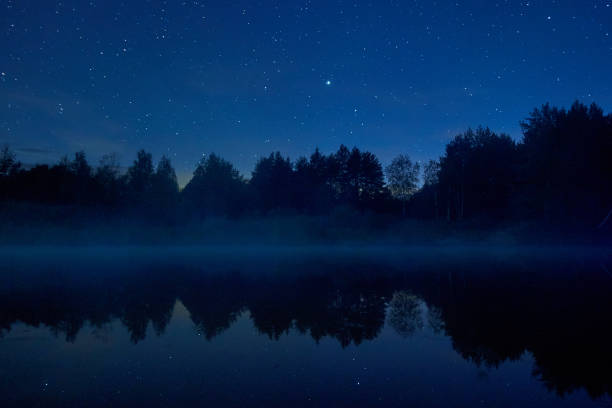 istock Night starry sky over the forest and the river 1348608380