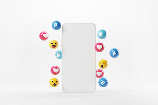 Blank mobile phone with social network Icons, abstract trendy design for social media advertising. 3d render.