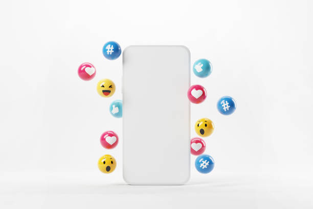 Blank mobile phone with social network Icons, abstract trendy design for social media advertising. stock photo