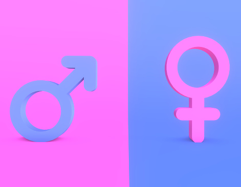 3d rendered image of male & female gender symbols on blue & pink background.