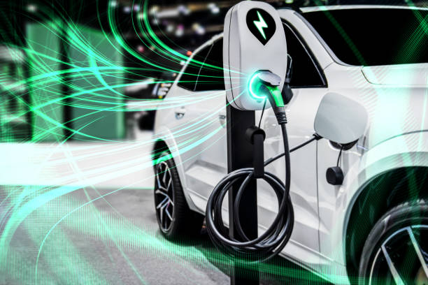ev charging station for electric car in concept of green energy and eco power - electric car imagens e fotografias de stock