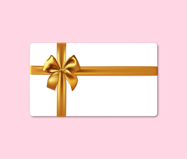 istock Blank white gift card with realistic gold ribbon bow 1348634757