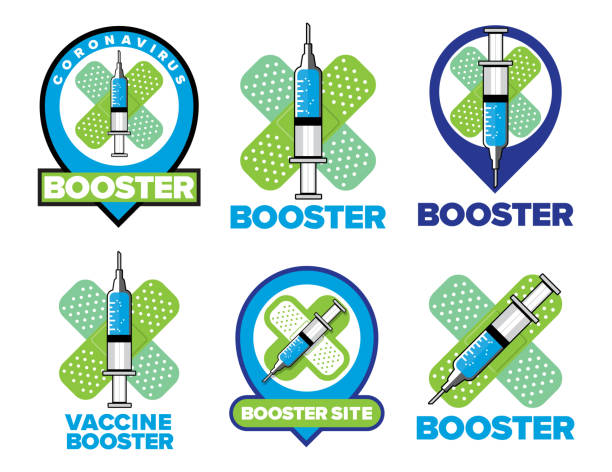 booster shot covid-19 vaccine logo - location shot stock illustrations