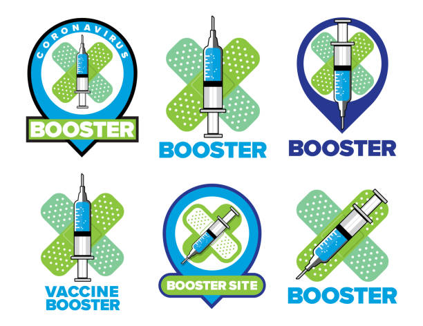 Booster Shot Covid-19 Vaccine Logo Vector illustrations of Covid-19 vaccine booster shot signs and locator icons booster dose stock illustrations