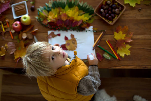 istock Sweet child, boy, applying leaves using glue while doing arts and chraft with leaves 1348651227