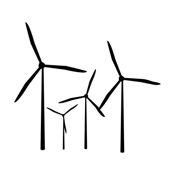 Wind turbines isolated on white background. Windmill group for electric power production. vector art illustration
