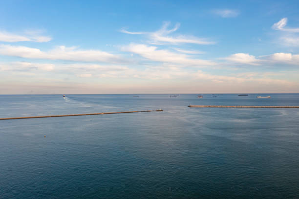 Aerial view of Container Ship Vessel Cargo Carrier in transit.