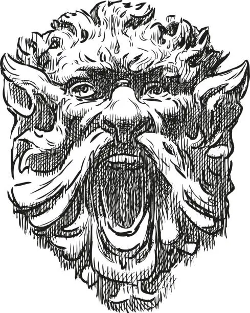 Vector illustration of Sketch of an architectural detail in shape of angry monster human face on an ancient building