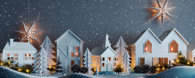 Christmas snowy night with white paper houses and fir tree decoration 3D Rendering, 3D Illustration