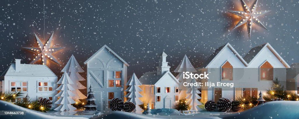 Christmas snowy night with white paper houses and fir tree decoration Christmas snowy night with white paper houses and fir tree decoration 3D Rendering, 3D Illustration Christmas Stock Photo