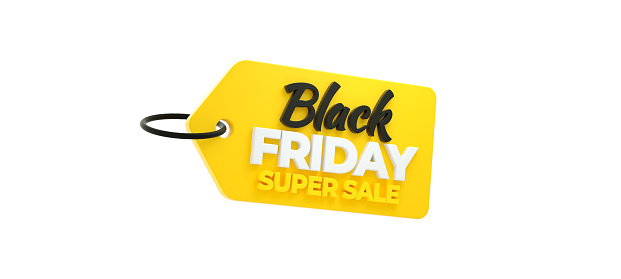 Isolated Black Friday Super Sale yellow tag in 3D rendering. Special offer banner template on a white background