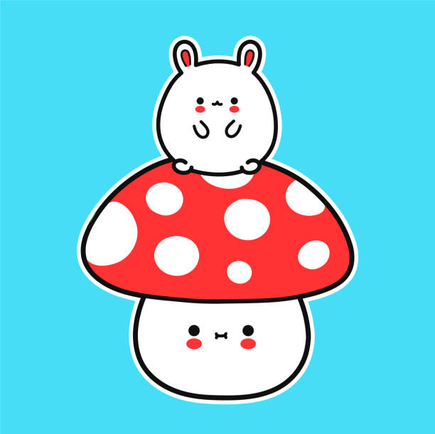 słodki zabawny mały królik na grzybie amanita. wektorowa ręcznie rysowana ikona ilustracji postaci kawaii. królik, królik, grzyb amanita, koncepcja kreskówki grzybobrania - grzybobranie stock illustrations