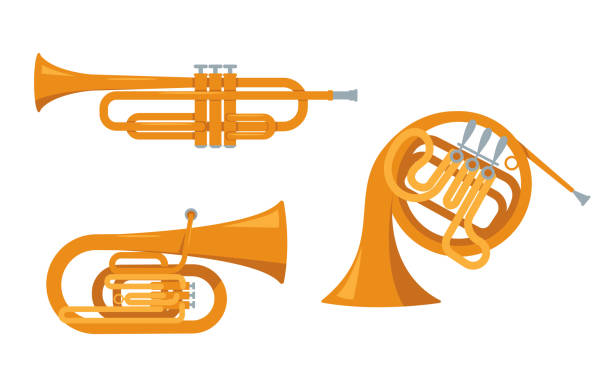 ilustraciones, imágenes clip art, dibujos animados e iconos de stock de conjunto de instrumentos musicales clásicos de viento iconos aislados - brass instrument jazz brass trumpet