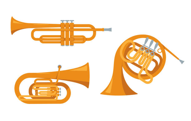 Set of wind classical musical instruments icons isolated Set of wind classical musical instruments isolated on white background. Golden Trumpet, Tuba and French Horn icons. Vector illustration in flat or cartoon style. trumpet stock illustrations