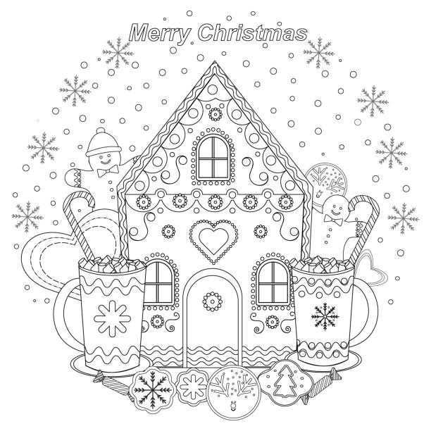Coloring book. Festive, fabulous Christmas sweets. Gingerbread house, candy, gingerbread man. Template for Christmas, New Year cards, greetings, invitations, web. Coloring book. Festive, fabulous Christmas sweets. Gingerbread house, candy, gingerbread man. Template for Christmas, New Year cards, greetings, invitations, web. snowflake shape clipart stock illustrations