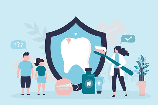 Woman holding big toothbrush with paste. Various tools for maintaining oral hygiene. Dentist explains hygiene rules to children. Concept of pediatric dentistry and training. Flat vector illustration