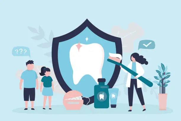 Vector illustration of Woman holding big toothbrush with paste. Various tools for maintaining oral hygiene. Dentist explains hygiene rules to children