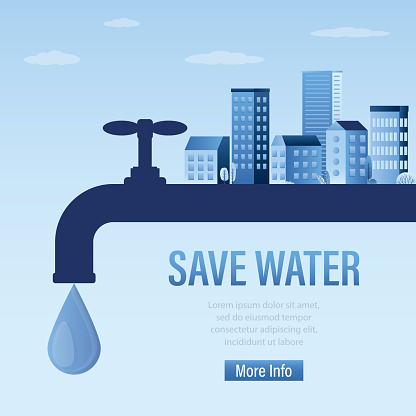 Save water, landing page template. Water tap and large drop. The problem of ecology and irreplaceable natural resources of planet. City landscape with buildings on pipe. Flat vector illustration